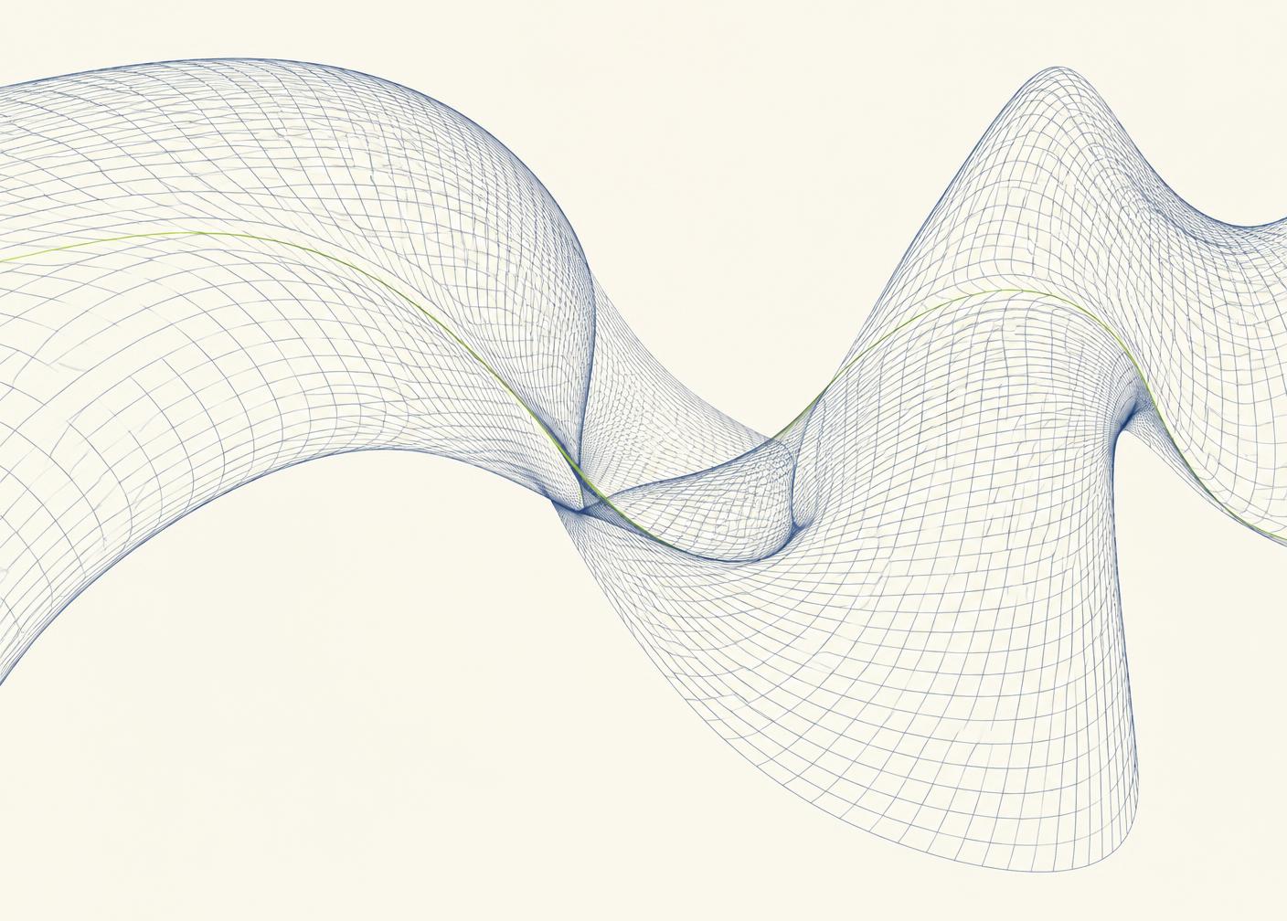 Fine cobalt wireframe mesh folding across a warm ivory field