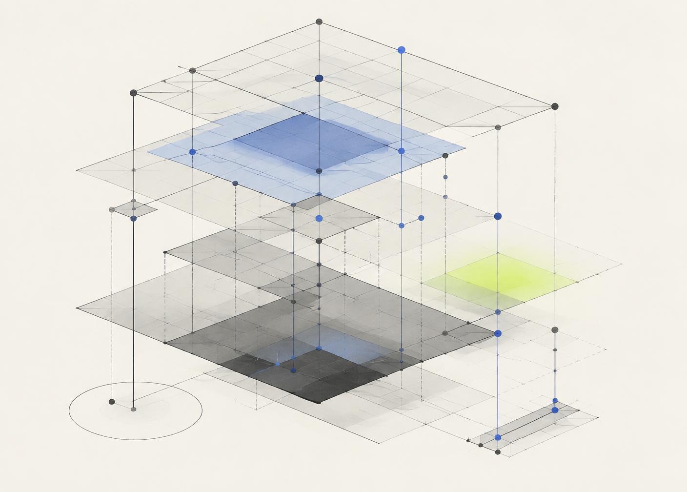 Technical diagram of layered planes connected by vertical nodes