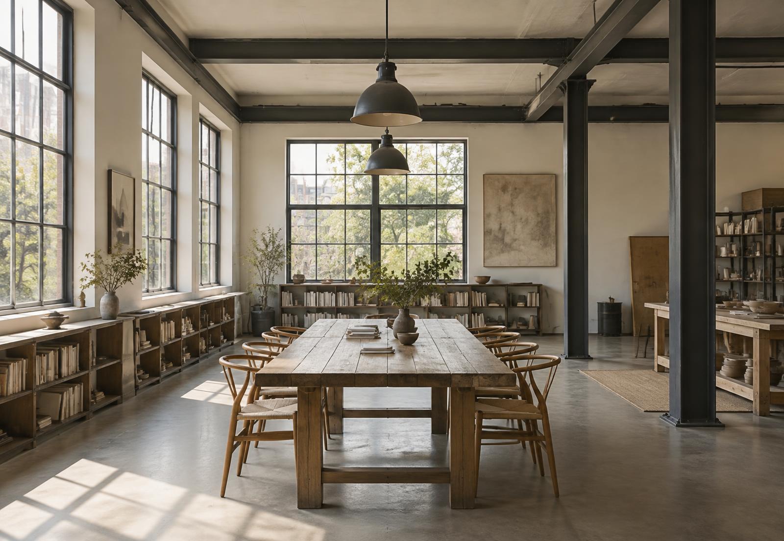Studio workspace with a long wooden table, shelving and daylight from tall windows